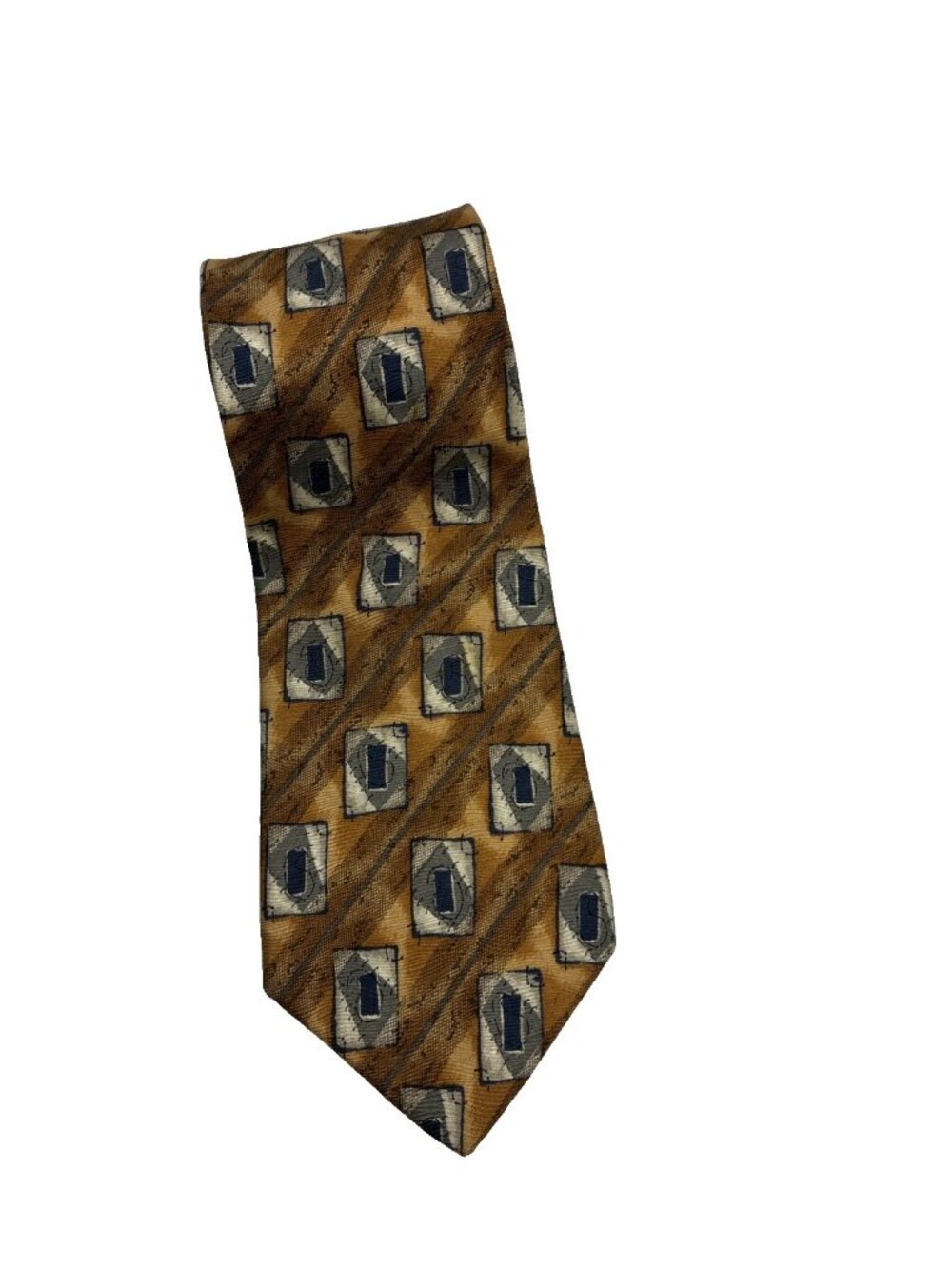 Woodward Mens Tie Silk Gold Blue Abstract Geometric USA Made Vintage